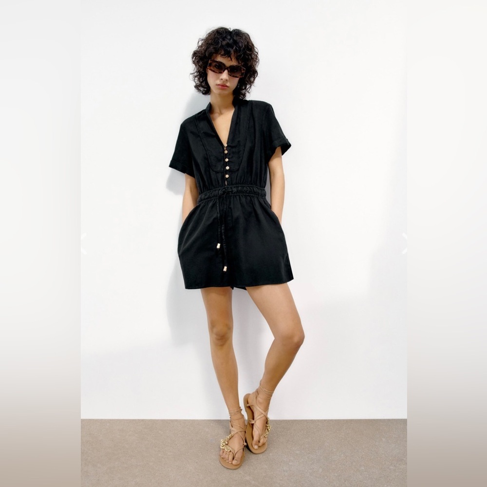 ZARA Linen Blend Jumpsuit Black